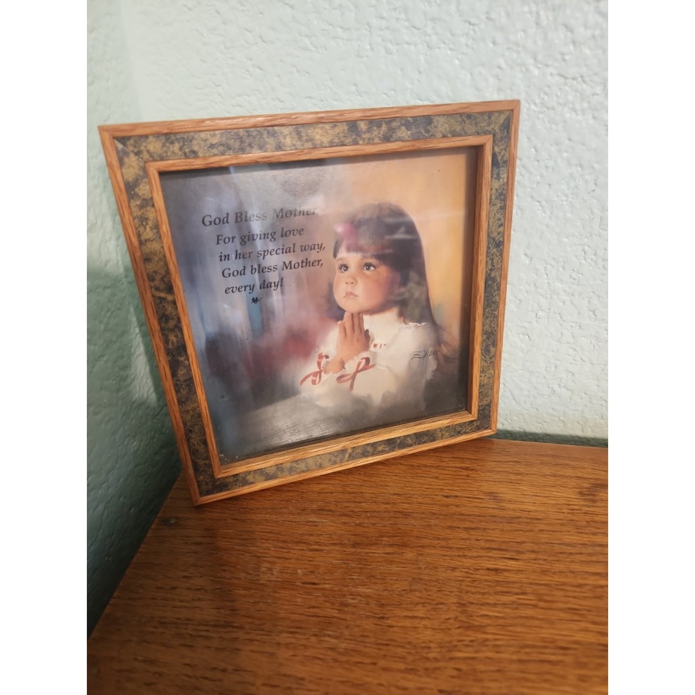 Vtg Donald Zolan God Bless Mother Praying Child Framed Mini Print Sangray 7" USA